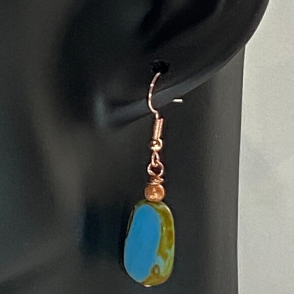 ❤️ Turquoise Picasso Czech Pressed Table Cut Glass Earrings - Picture 4 of 10